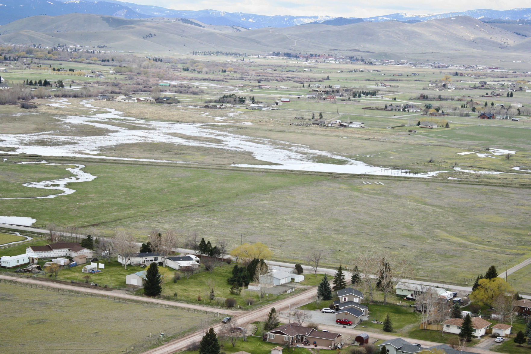 An aerial view of flooding caused by Ten Mile Creek in the Helena Valley.